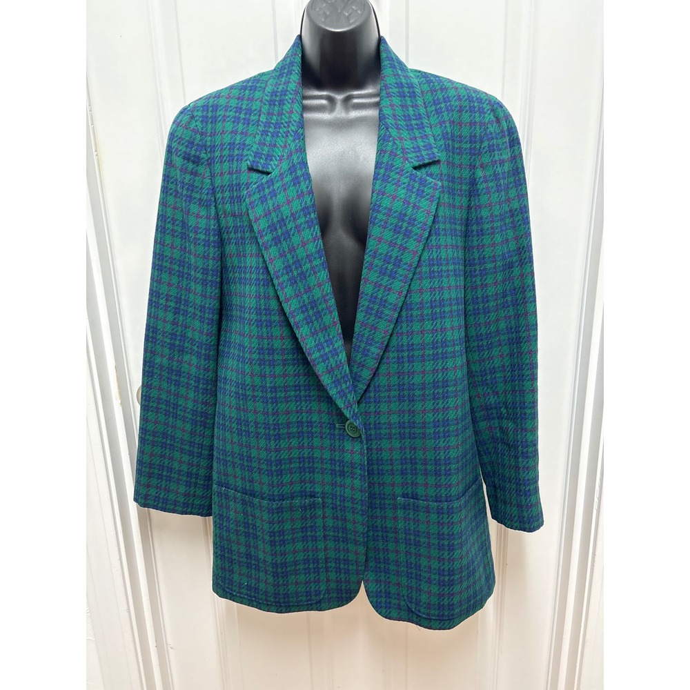 Miss Pendleton Vintage 100% Virgin Wool Plaid Blazer Green Blue Made in USA - 14